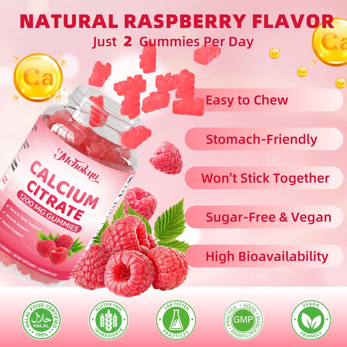 Calcium Citrat Gummibärchen 1200 mg – Zuckerfreie, kaubare Calciumergänzung für Frauen & Männer, unterstützt Knochen-, Muskel- und Immunsystem, ohne Gentechnik, glutenfrei, natürlicher Himbeergeschmack, 60 Stück