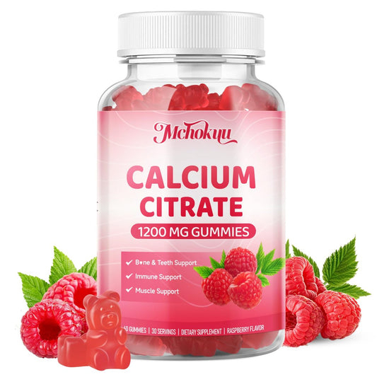Calcium Citrat Gummibärchen 1200 mg – Zuckerfreie, kaubare Calciumergänzung für Frauen & Männer, unterstützt Knochen-, Muskel- und Immunsystem, ohne Gentechnik, glutenfrei, natürlicher Himbeergeschmack, 60 Stück