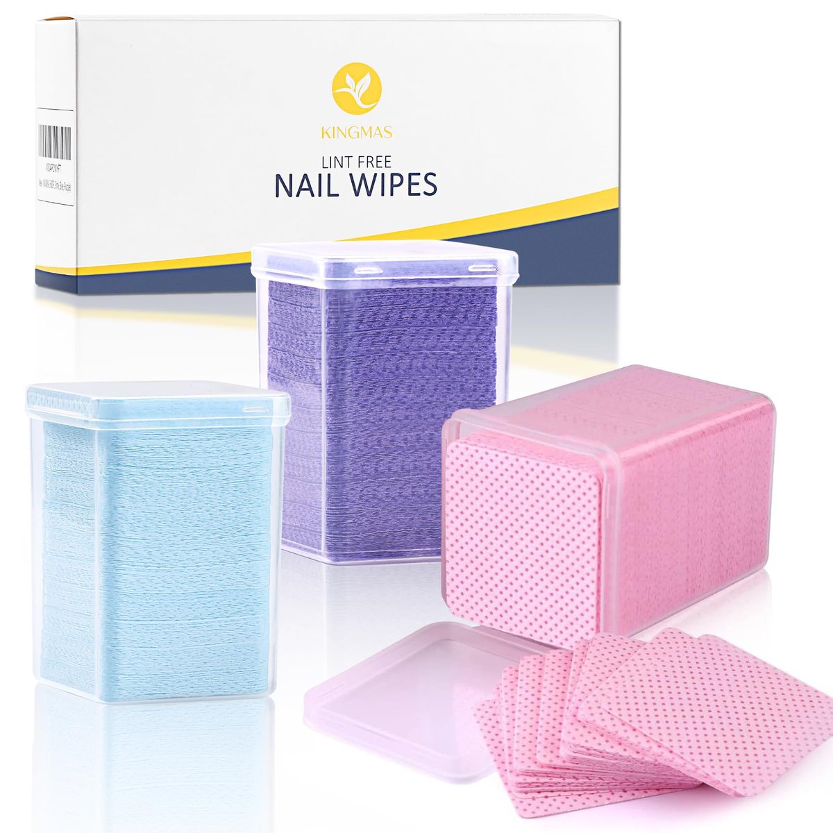 KINGMAS 600 Stück fusselfreie Nageltücher, Vliestuch Nagellackentferner Reinigungspads für Wimpernverlängerungen, Salonbedarf (Pink, Blau, Lila)
