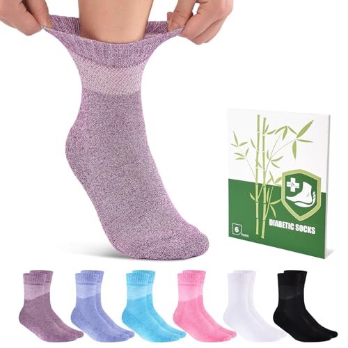 Cirorld Damen Diabetikersocken aus Bambus-Viskose, 6 Paar, nicht bindend, nahtlos, weite Öffnung, für geschwollene Füße
