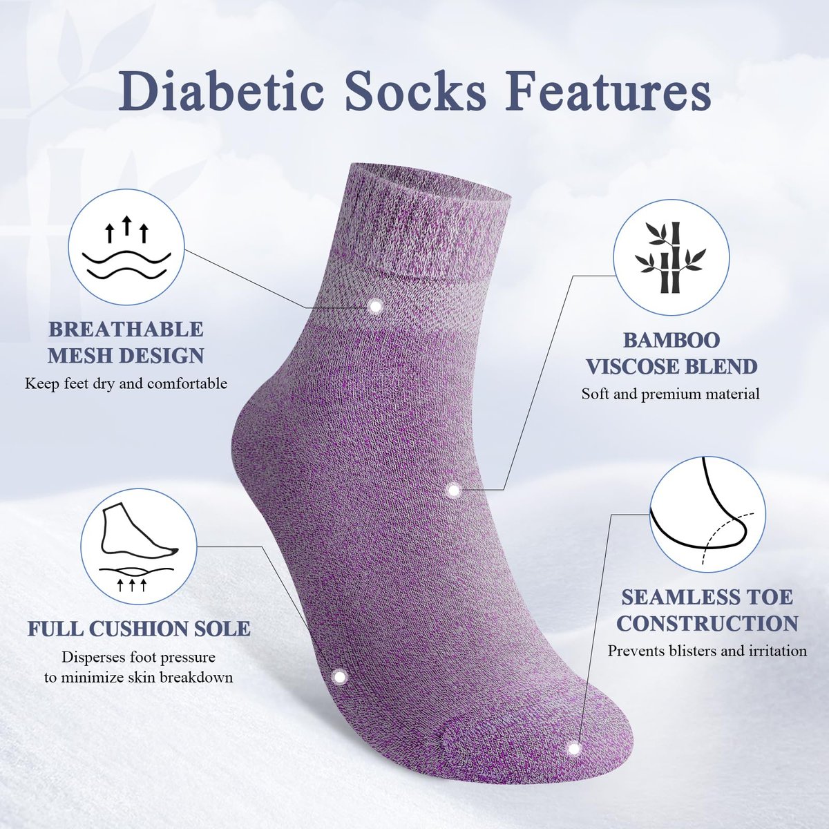 Cirorld Damen Diabetikersocken aus Bambus-Viskose, 6 Paar, nicht bindend, nahtlos, weite Öffnung, für geschwollene Füße