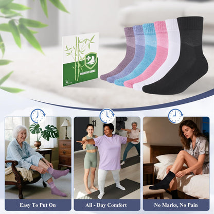 Cirorld Damen Diabetikersocken aus Bambus-Viskose, 6 Paar, nicht einschnürendes weites Bündchen, nahtlose Socken mit weicher Polsterung für geschwollene Füße
