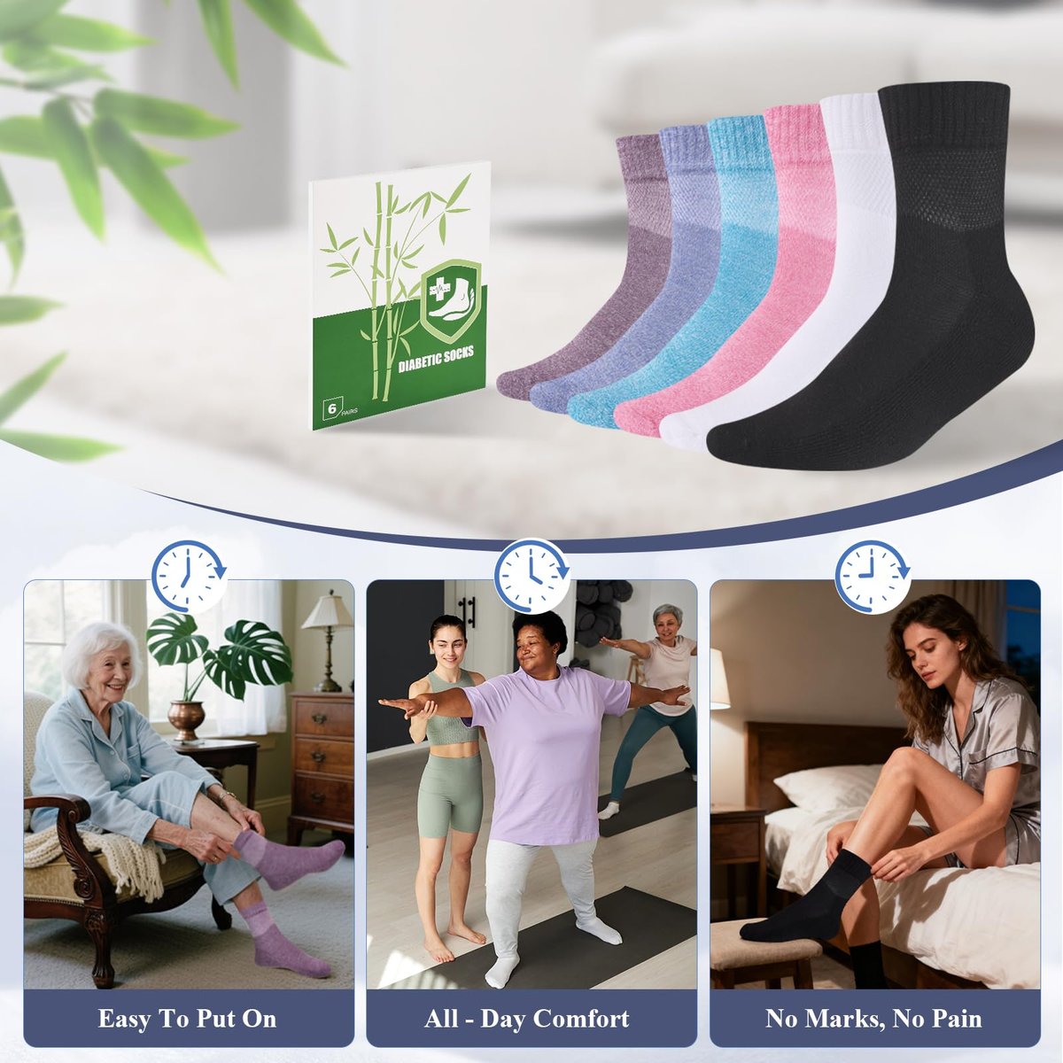 Cirorld Damen Diabetikersocken aus Bambus-Viskose, 6 Paar, nicht bindend, nahtlos, weite Öffnung, für geschwollene Füße