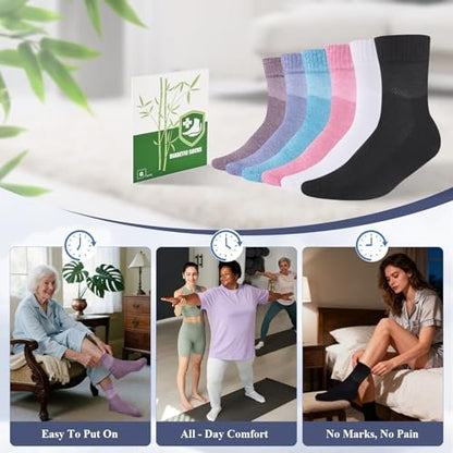 Cirorld Damen Diabetikersocken aus Bambus-Viskose, 6 Paar, nicht einschnürendes weites Bündchen, nahtlose Socken mit weicher Polsterung für geschwollene Füße