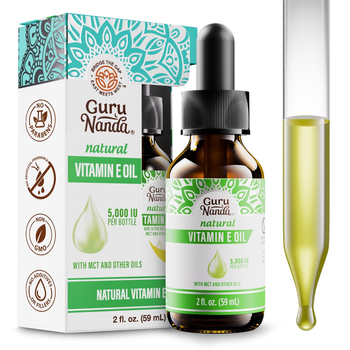 GuruNanda Reines & Natürliches Vitamin E Öl für Haut, Gesicht & Nägel, 5.000 IE, mit D-Alpha-Tocopherol & MCT-Öl zur Verbesserung der Aufnahme, Nicht-GVO & Vegan, 60 ml