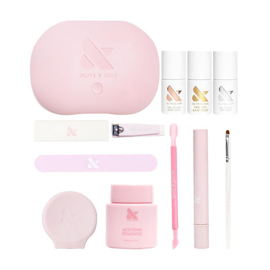 Olive & June Gel Mani System Set – Komplettes Nagel-Set mit LED-Lampe, Basis- & Top Coat, Nagelhautpflege & mehr | 15-Free, vegan, tierversuchsfrei