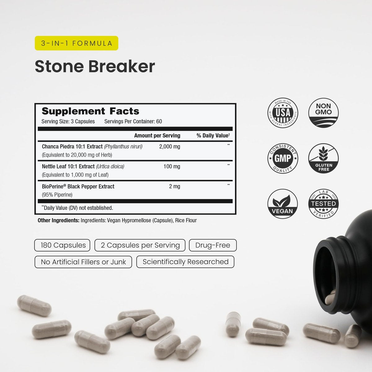 NutraChamps Chanca Piedra Stone Breaker – Nieren- und Gallenblasenunterstützung, Harnwegs- und Kalziumoxalat-Balance mit Brennnesselblatt & BioPerine, 180 Kapseln