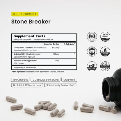 NutraChamps Chanca Piedra Stone Breaker – Nieren- und Gallenblasenunterstützung, Harnwegs- und Kalziumoxalat-Balance mit Brennnesselblatt & BioPerine, 180 Kapseln