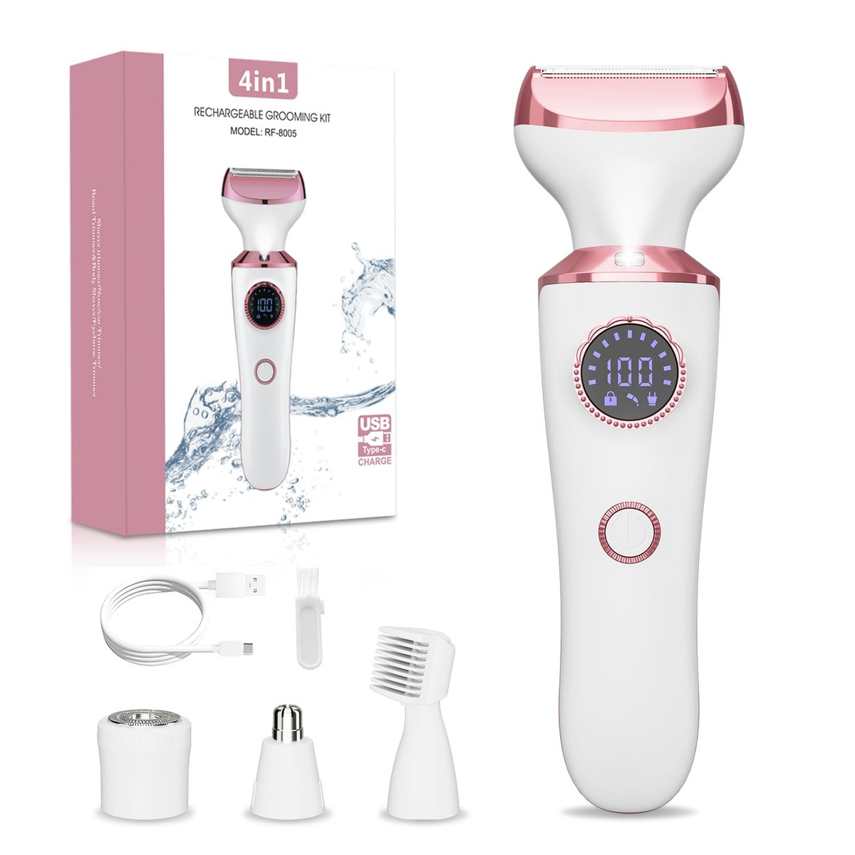 Elektrischer Rasierer für Frauen, 4-in-1 Bikini-Trimmer & Körperrasierer für Gesicht, Beine, Achseln, Schamhaare, wiederaufladbar, nass/trocken, schmerzlos mit LED-Licht & Reisesperre