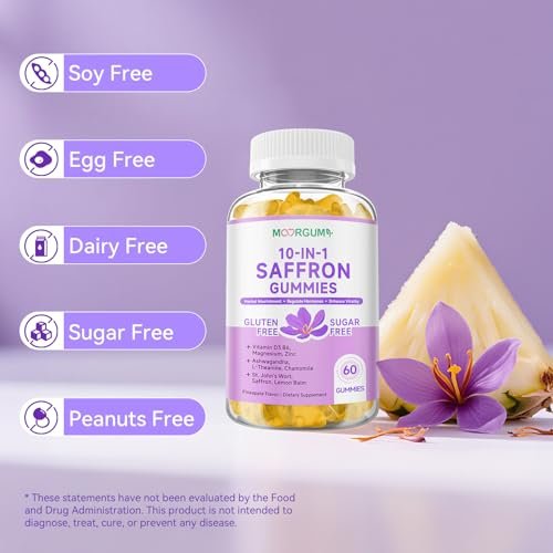 Safran Gummibärchen für Erwachsene und Kinder, 10-IN-1 Cortisolunterstützung mit Safran 88,5 mg, Vitamin D3, B6, Magnesium, Zink, Ashwagandha, L-Theanin, Johanniskraut – für Emotionen, Schlaf, 60 Stück