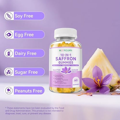 Safran Gummibärchen für Erwachsene und Kinder, 10-IN-1 Cortisolunterstützung mit Safran 88,5 mg, Vitamin D3, B6, Magnesium, Zink, Ashwagandha, L-Theanin, Johanniskraut – für Emotionen, Schlaf, 60 Stück