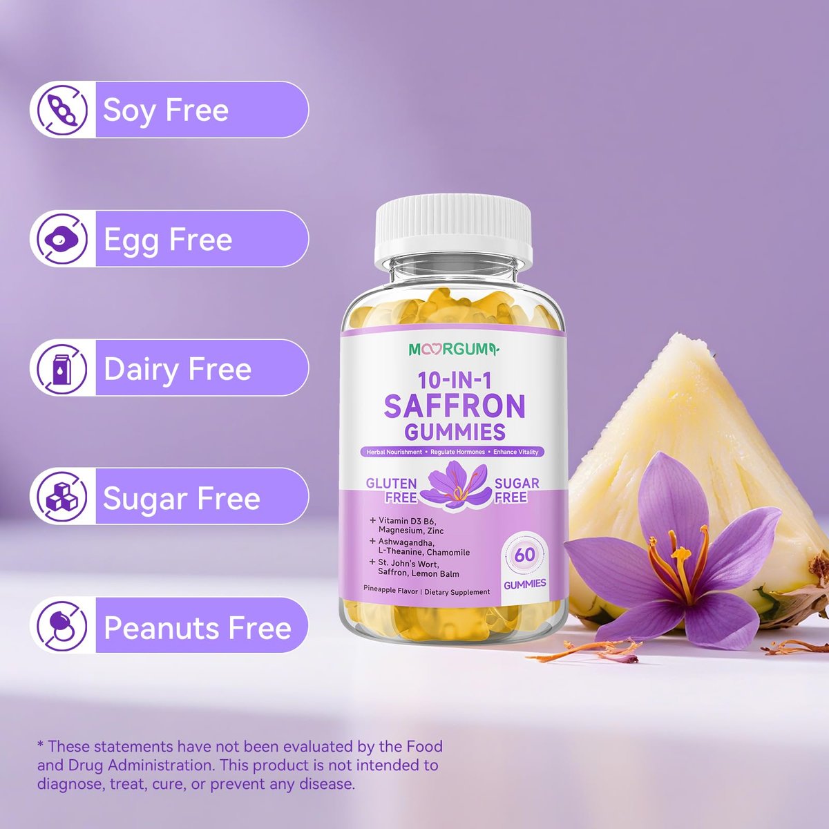 Safran Gummibärchen für Erwachsene und Kinder, 10-IN-1 Cortisolunterstützung mit Safran 88,5 mg, Vitamin D3, B6, Magnesium, Zink, Ashwagandha, L-Theanin, Johanniskraut – für Emotionen, Schlaf, 60 Stück