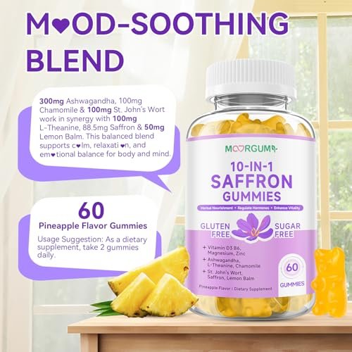 Safran Gummibärchen für Erwachsene und Kinder, 10-IN-1 Cortisolunterstützung mit Safran 88,5 mg, Vitamin D3, B6, Magnesium, Zink, Ashwagandha, L-Theanin, Johanniskraut – für Emotionen, Schlaf, 60 Stück