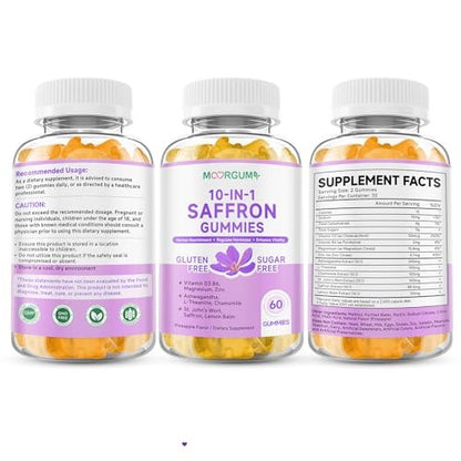 Safran Gummibärchen für Erwachsene und Kinder, 10-IN-1 Cortisolunterstützung mit Safran 88,5 mg, Vitamin D3, B6, Magnesium, Zink, Ashwagandha, L-Theanin, Johanniskraut – für Emotionen, Schlaf, 60 Stück