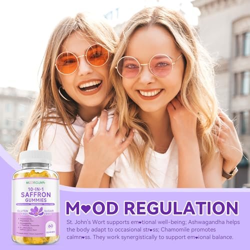 Safran Gummibärchen für Erwachsene und Kinder, 10-IN-1 Cortisolunterstützung mit Safran 88,5 mg, Vitamin D3, B6, Magnesium, Zink, Ashwagandha, L-Theanin, Johanniskraut – für Emotionen, Schlaf, 60 Stück