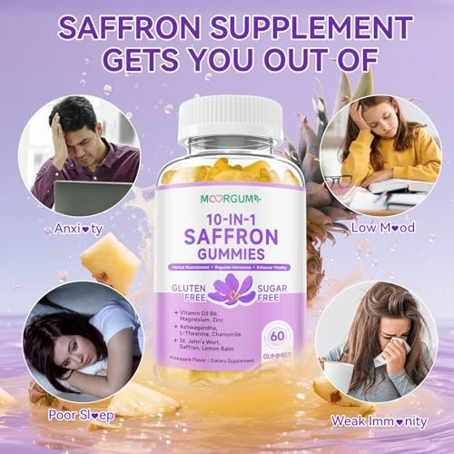 Safran Gummibärchen für Erwachsene und Kinder, 10-IN-1 Cortisolunterstützung mit Safran 88,5 mg, Vitamin D3, B6, Magnesium, Zink, Ashwagandha, L-Theanin, Johanniskraut – für Emotionen, Schlaf, 60 Stück