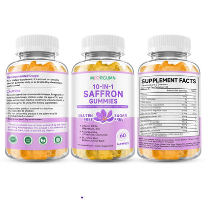Safran Gummibärchen für Erwachsene und Kinder, 10-IN-1 Cortisolunterstützung mit Safran 88,5 mg, Vitamin D3, B6, Magnesium, Zink, Ashwagandha, L-Theanin, Johanniskraut – für Emotionen, Schlaf, 60 Stück