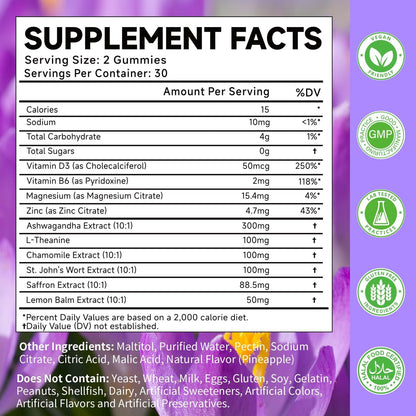 Safran Gummibärchen für Erwachsene und Kinder, 10-IN-1 Cortisolunterstützung mit Safran 88,5 mg, Vitamin D3, B6, Magnesium, Zink, Ashwagandha, L-Theanin, Johanniskraut – für Emotionen, Schlaf, 60 Stück