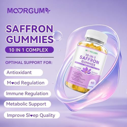 Safran Gummibärchen für Erwachsene und Kinder, 10-IN-1 Cortisolunterstützung mit Safran 88,5 mg, Vitamin D3, B6, Magnesium, Zink, Ashwagandha, L-Theanin, Johanniskraut – für Emotionen, Schlaf, 60 Stück