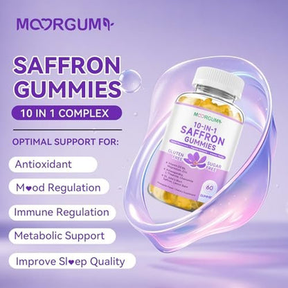 Safran Gummibärchen für Erwachsene und Kinder, 10-IN-1 Cortisolunterstützung mit Safran 88,5 mg, Vitamin D3, B6, Magnesium, Zink, Ashwagandha, L-Theanin, Johanniskraut – für Emotionen, Schlaf, 60 Stück