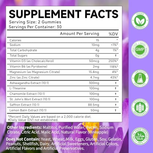 Safran Gummibärchen für Erwachsene und Kinder, 10-IN-1 Cortisolunterstützung mit Safran 88,5 mg, Vitamin D3, B6, Magnesium, Zink, Ashwagandha, L-Theanin, Johanniskraut – für Emotionen, Schlaf, 60 Stück