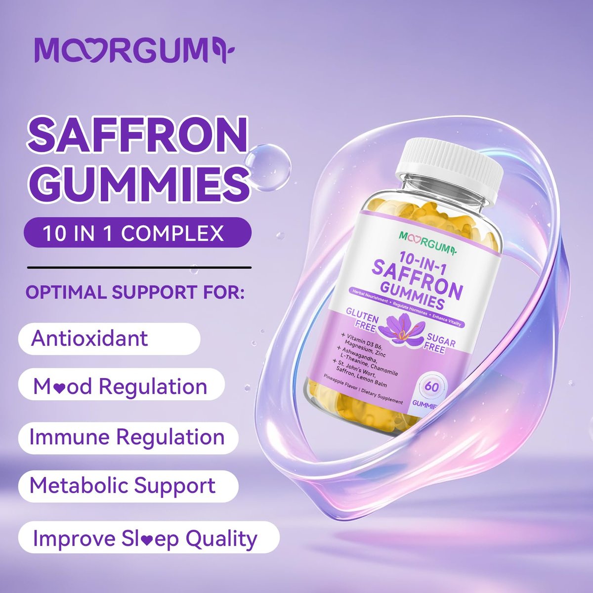 Safran Gummibärchen für Erwachsene und Kinder, 10-IN-1 Cortisolunterstützung mit Safran 88,5 mg, Vitamin D3, B6, Magnesium, Zink, Ashwagandha, L-Theanin, Johanniskraut – für Emotionen, Schlaf, 60 Stück
