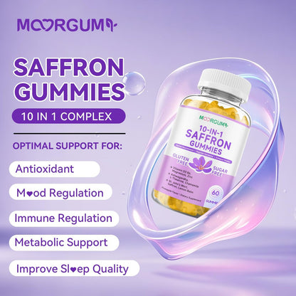 Safran Gummibärchen für Erwachsene und Kinder, 10-IN-1 Cortisolunterstützung mit Safran 88,5 mg, Vitamin D3, B6, Magnesium, Zink, Ashwagandha, L-Theanin, Johanniskraut – für Emotionen, Schlaf, 60 Stück