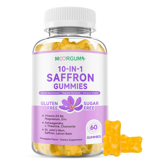 Safran Gummibärchen für Erwachsene und Kinder, 10-IN-1 Cortisolunterstützung mit Safran 88,5 mg, Vitamin D3, B6, Magnesium, Zink, Ashwagandha, L-Theanin, Johanniskraut – für Emotionen, Schlaf, 60 Stück
