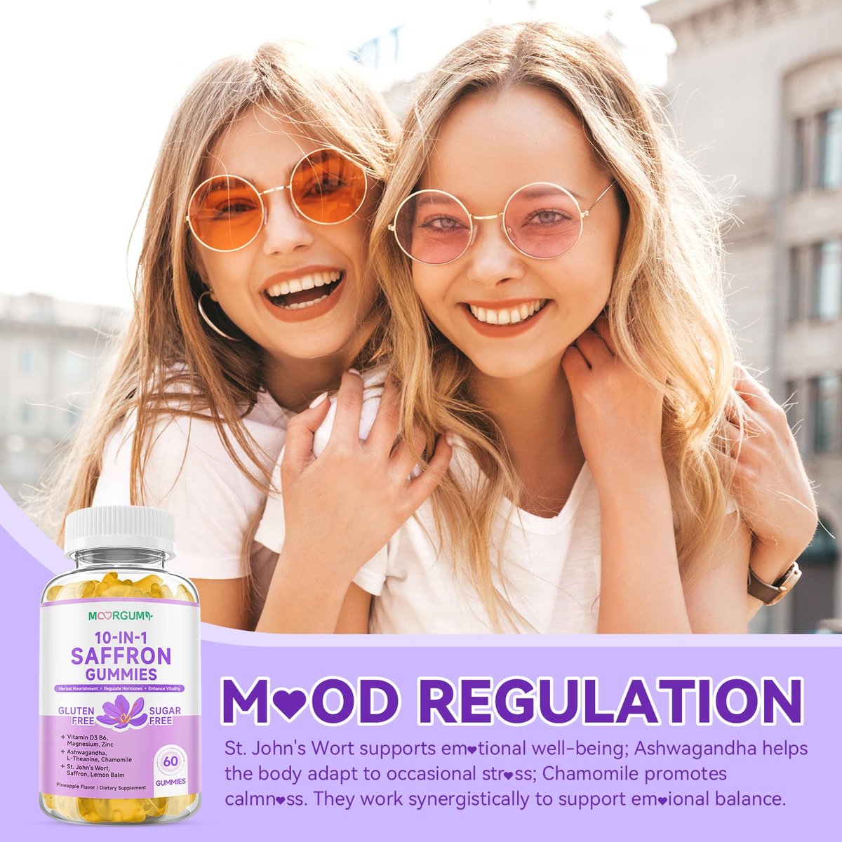 Safran Gummibärchen für Erwachsene und Kinder, 10-IN-1 Cortisolunterstützung mit Safran 88,5 mg, Vitamin D3, B6, Magnesium, Zink, Ashwagandha, L-Theanin, Johanniskraut – für Emotionen, Schlaf, 60 Stück