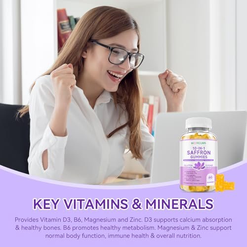 Safran Gummibärchen für Erwachsene und Kinder, 10-IN-1 Cortisolunterstützung mit Safran 88,5 mg, Vitamin D3, B6, Magnesium, Zink, Ashwagandha, L-Theanin, Johanniskraut – für Emotionen, Schlaf, 60 Stück