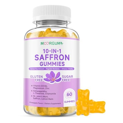 Safran Gummibärchen für Erwachsene und Kinder, 10-IN-1 Cortisolunterstützung mit Safran 88,5 mg, Vitamin D3, B6, Magnesium, Zink, Ashwagandha, L-Theanin, Johanniskraut – für Emotionen, Schlaf, 60 Stück