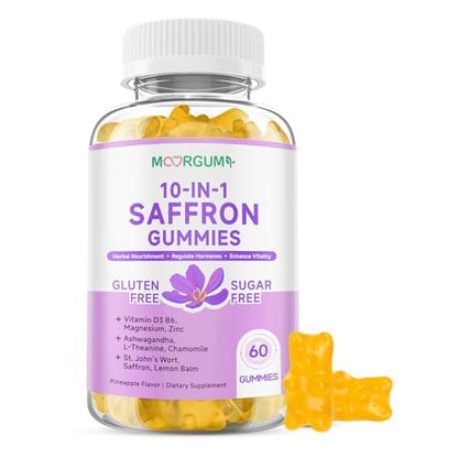 Safran Gummibärchen für Erwachsene und Kinder, 10-IN-1 Cortisolunterstützung mit Safran 88,5 mg, Vitamin D3, B6, Magnesium, Zink, Ashwagandha, L-Theanin, Johanniskraut – für Emotionen, Schlaf, 60 Stück