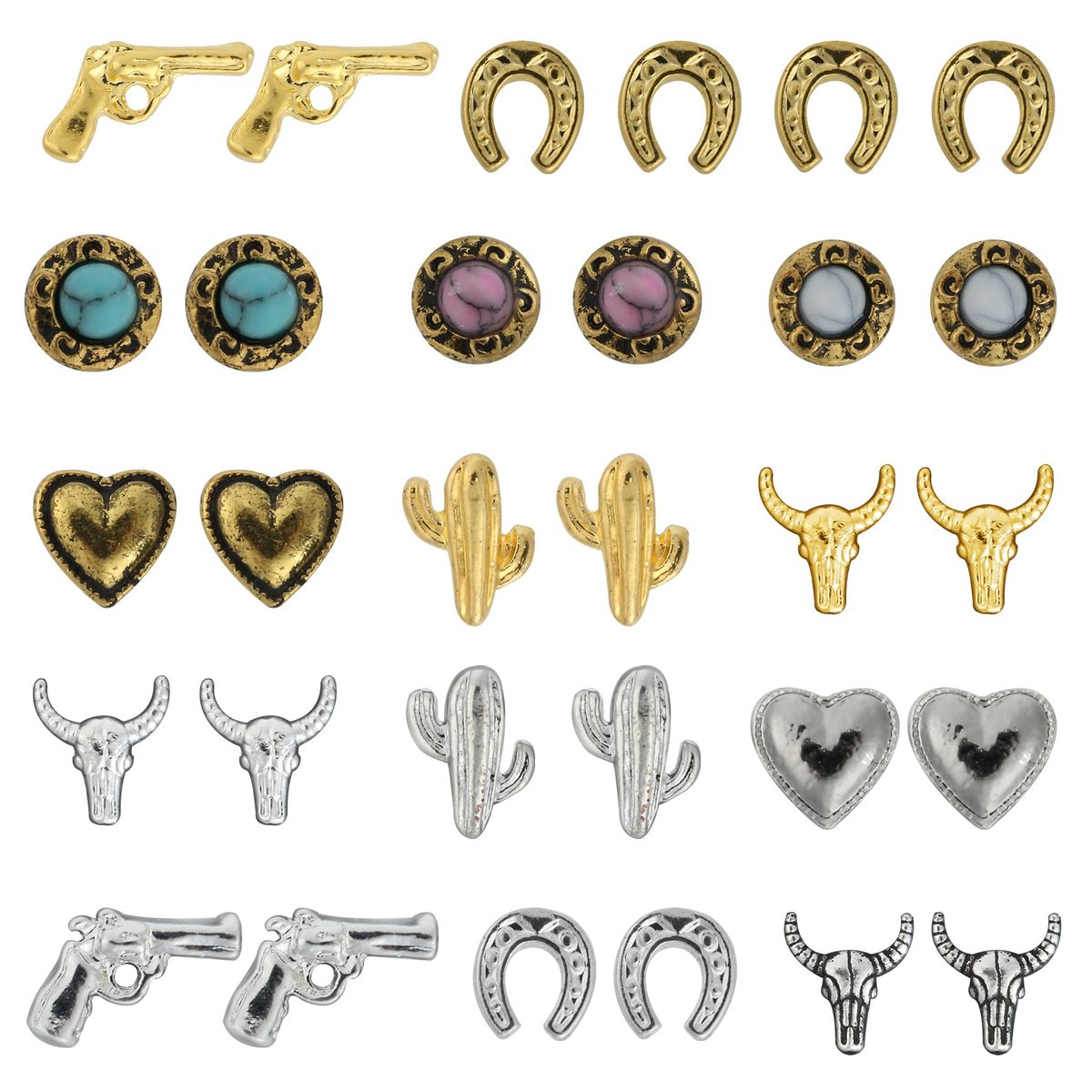 Ohmique 30 Stück Western Nail Charms - 3D Vintage Cowboy Cowgirl Nagelaufkleber, Türkis, Gold, Silber, Pink, Blau Retro Metall Edelstein Western-Aufkleber Zubehör für DIY