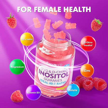 MEENCCD Myo-Inositol & D-Chiro Inositol Gummis, 40:1 Verhältnis Inositol mit Vitamin D3, Magnesiumglycinat, Folsäure & Zink, Inositol Ergänzung für Frauengesundheit, Himbeergeschmack, 60 Stück