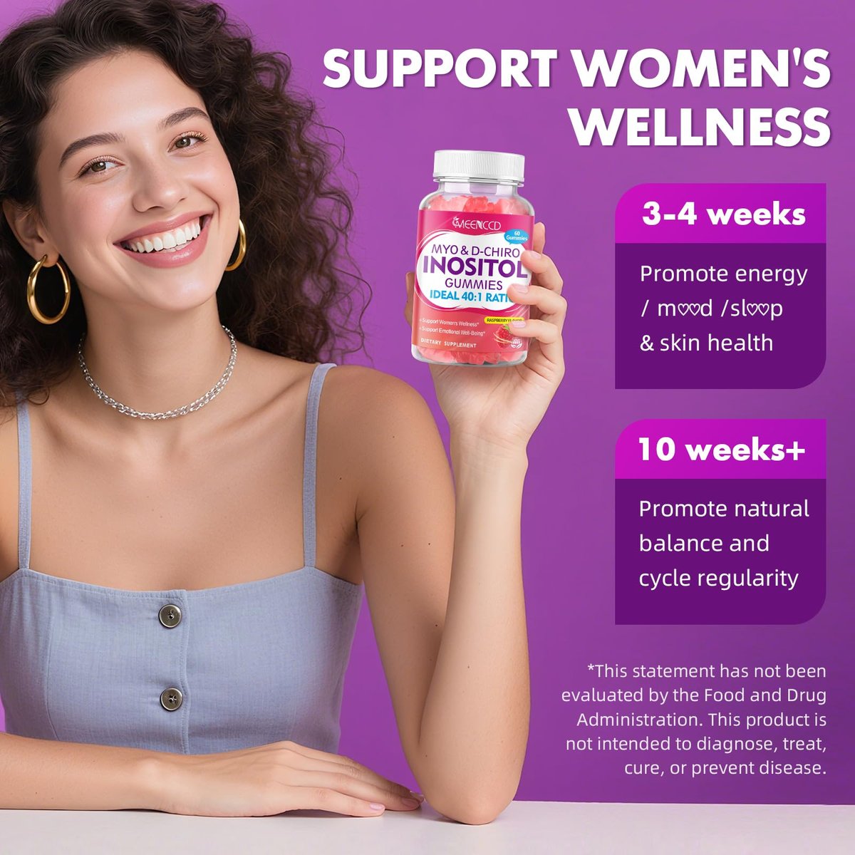 MEENCCD Myo-Inositol & D-Chiro Inositol Gummis, 40:1 Verhältnis Inositol mit Vitamin D3, Magnesiumglycinat, Folsäure & Zink, Inositol Ergänzung für Frauengesundheit, Himbeergeschmack, 60 Stück