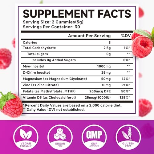 MEENCCD Myo-Inositol & D-Chiro Inositol Gummis, 40:1 Verhältnis Inositol mit Vitamin D3, Magnesiumglycinat, Folsäure & Zink, Inositol Ergänzung für Frauengesundheit, Himbeergeschmack, 60 Stück