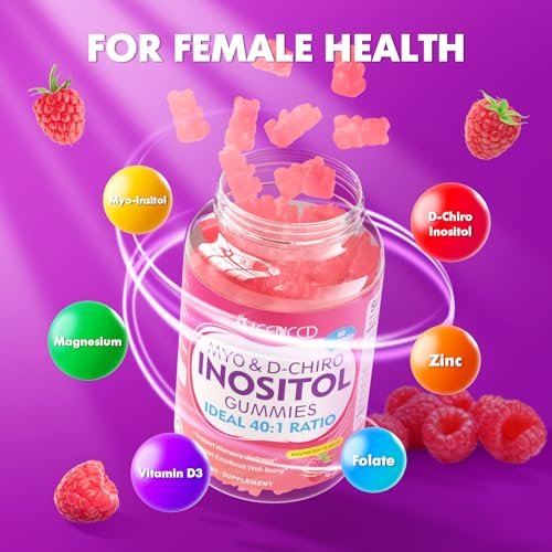 MEENCCD Myo-Inositol & D-Chiro Inositol Gummis, 40:1 Verhältnis Inositol mit Vitamin D3, Magnesiumglycinat, Folsäure & Zink, Inositol Ergänzung für Frauengesundheit, Himbeergeschmack, 60 Stück