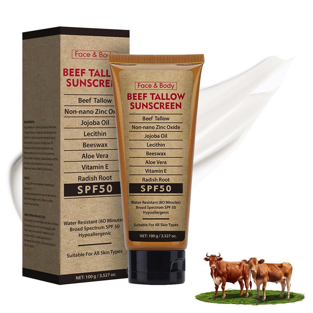 Rindertalg-Sonnencreme mit Zinkoxid für Körper und Gesicht, nicht giftig, natürlicher mineralischer Sonnenschutz, riffsicher, SPF 50, sauber, nicht fettend (für Sport oder tägliche Anwendung), 3,5 Unzen