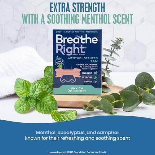 Breathe Right Extra Strong Nasenpflaster mit Menthol-Duft, 26 Stück – Medikamentenfreie Nasenerweiterung für bessere Atmung und gegen Schnarchen
