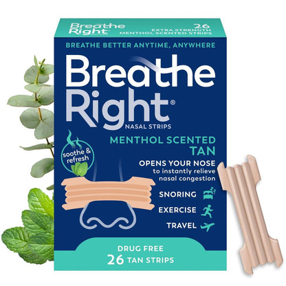Breathe Right Extra Strong Nasenpflaster mit Menthol-Duft, 26 Stück – Medikamentenfreie Nasenerweiterung für bessere Atmung und gegen Schnarchen