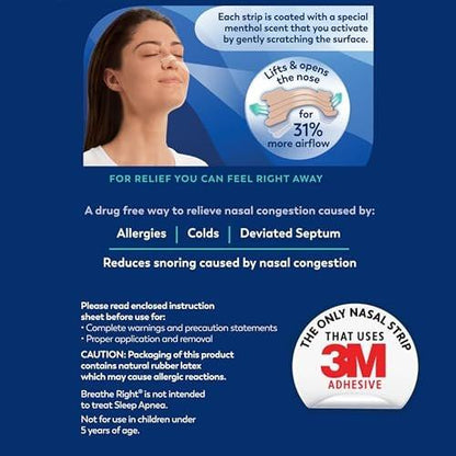 Breathe Right Extra Strong Nasenpflaster mit Menthol-Duft, 26 Stück – Medikamentenfreie Nasenerweiterung für bessere Atmung und gegen Schnarchen