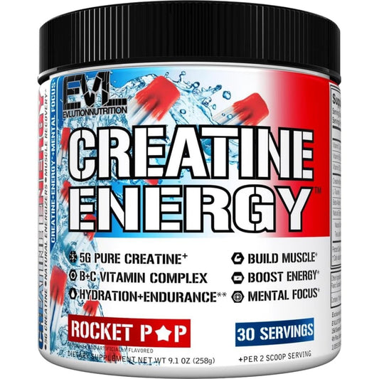 Evlution Nutrition Creatine Energy – Muskelaufbau, Energie, Ausdauer & Kognition – 5 g reines Creatin-Monohydrat pro Portion – B+C Vitamin-Komplex – 30 Portionen – Rocket Pop