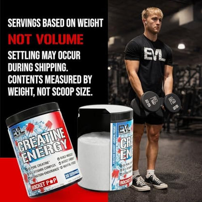 Evlution Nutrition Creatine Energy – Muskelaufbau, Energie, Ausdauer & Kognition – 5 g reines Creatin-Monohydrat pro Portion – B+C Vitamin-Komplex – 30 Portionen – Rocket Pop