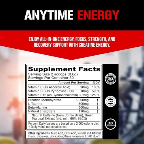 Evlution Nutrition Creatine Energy – Muskelaufbau, Energie, Ausdauer & Kognition – 5 g reines Creatin-Monohydrat pro Portion – B+C Vitamin-Komplex – 30 Portionen – Rocket Pop