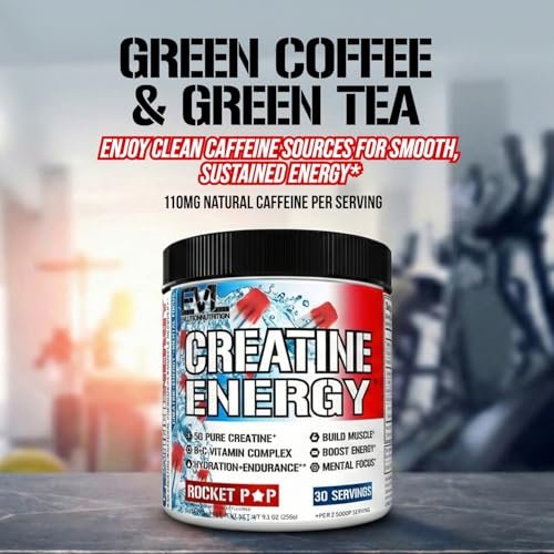 Evlution Nutrition Creatine Energy – Muskelaufbau, Energie, Ausdauer & Kognition – 5 g reines Creatin-Monohydrat pro Portion – B+C Vitamin-Komplex – 30 Portionen – Rocket Pop