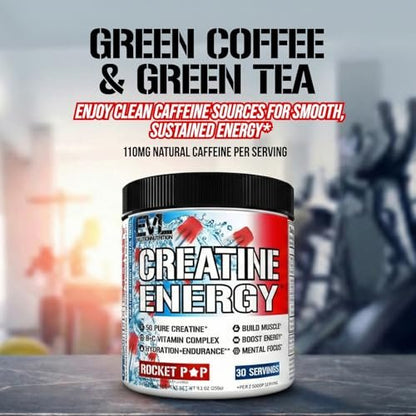 Evlution Nutrition Creatine Energy – Muskelaufbau, Energie, Ausdauer & Kognition – 5 g reines Creatin-Monohydrat pro Portion – B+C Vitamin-Komplex – 30 Portionen – Rocket Pop