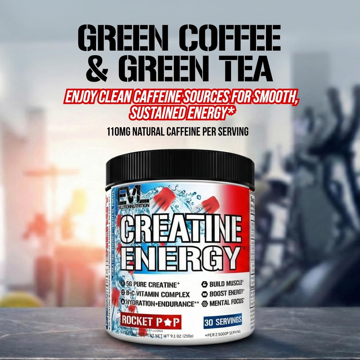 Evlution Nutrition Creatine Energy – Muskelaufbau, Energie, Ausdauer & Kognition – 5 g reines Creatin-Monohydrat pro Portion – B+C Vitamin-Komplex – 30 Portionen – Rocket Pop