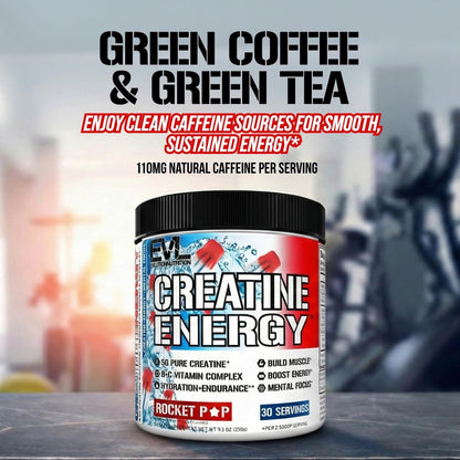 Evlution Nutrition Creatine Energy – Muskelaufbau, Energie, Ausdauer & Kognition – 5 g reines Creatin-Monohydrat pro Portion – B+C Vitamin-Komplex – 30 Portionen – Rocket Pop