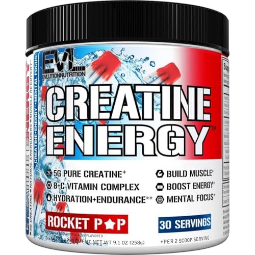 Evlution Nutrition Creatine Energy – Muskelaufbau, Energie, Ausdauer & Kognition – 5 g reines Creatin-Monohydrat pro Portion – B+C Vitamin-Komplex – 30 Portionen – Rocket Pop