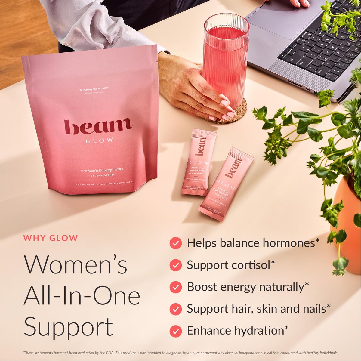 Beam Glow Frauen Wellness Nahrungsergänzungsmittel, Cortisol Unterstützung mit Ashwagandha für Frauen, Tägliche Vitamine für Zyklusgesundheit, Stimmung, Energie & Stressunterstützung mit Selen, Zink, Vitamin A, Biotin, B-Vitaminen
